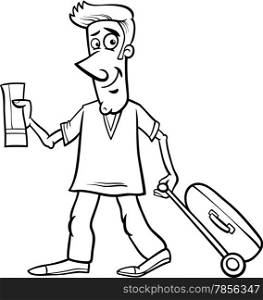 Black and White Cartoon illustration of Funny Man with a Plane Ticket and Baggage for Coloring Book