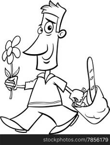 Black and White Cartoon illustration of Funny Man with Flower and Shopping for Coloring Book