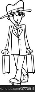 Black and White Cartoon Illustration of Funny Man with Suitcases for Coloring Book