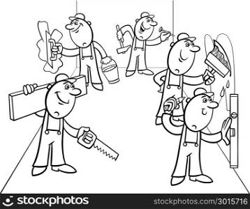 Black and White Cartoon Illustration of Funny Manual Workers Characters or Decorators doing Repairs Coloring Book