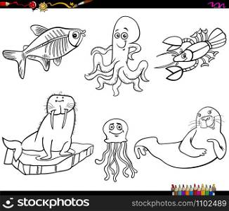 Black and White Cartoon Illustration of Funny Marine Animal Characters Set Coloring Book Page