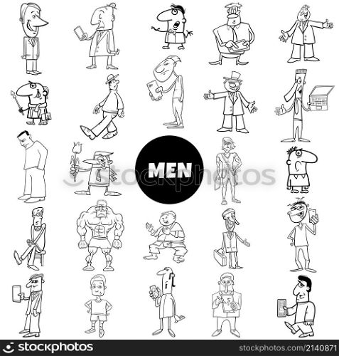 Black and white cartoon illustration of funny men characters big collection coloring page