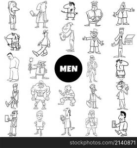 Black and white cartoon illustration of funny men characters big collection coloring page