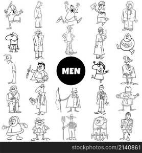 Black and white cartoon illustration of funny men characters big set coloring page