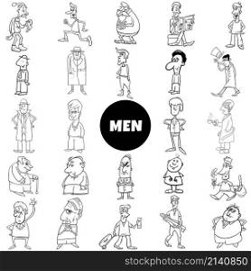 Black and white cartoon illustration of funny men characters set coloring page