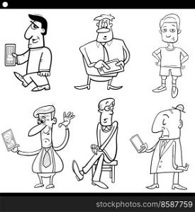 Black and white cartoon illustration of funny men comic characters set coloring page