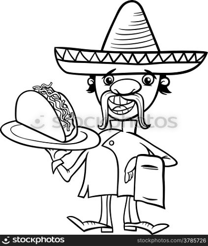 Black and White Cartoon Illustration of Funny Mexican Chef or Waiter with Taco for Coloring Book