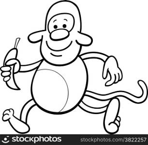 Black and White Cartoon Illustration of Funny Monkey with Banana for Coloring Book