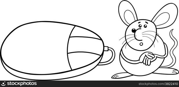 Black and White Cartoon Illustration of Funny Mouse Rodent and Computer Mouse for Coloring Book