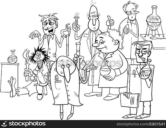 Black and White Cartoon Illustration of Funny or Crazy Scientists Characters Group doing Experiments Coloring Book