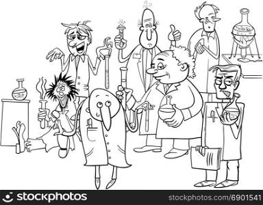 Black and White Cartoon Illustration of Funny or Crazy Scientists Characters Group doing Experiments Coloring Book