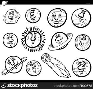 Black and White Cartoon Illustration of Funny Orbs and Planets from Solar System Space Comic Characters Coloring Book