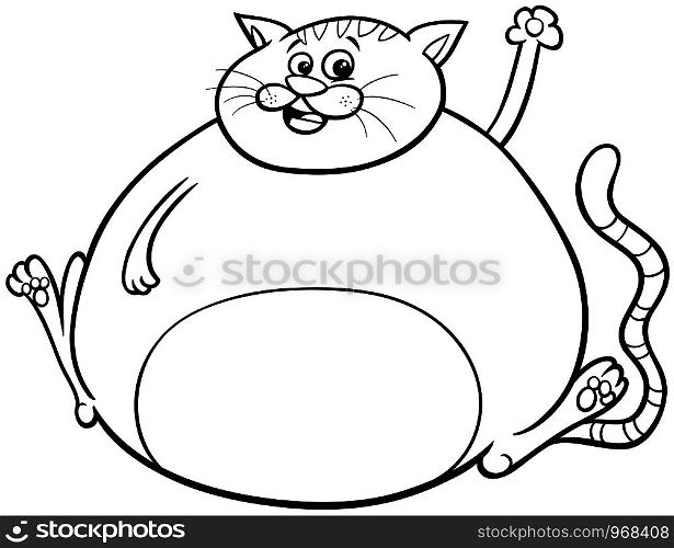 Black and White Cartoon Illustration of Funny Overweight Cat Comic Animal Character Coloring Book Page