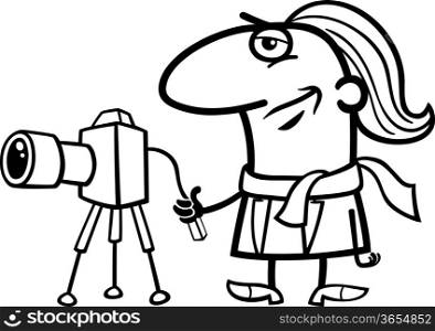 Black and White Cartoon Illustration of Funny Photographer Artist with Camera Profession Occupation Coloring Page