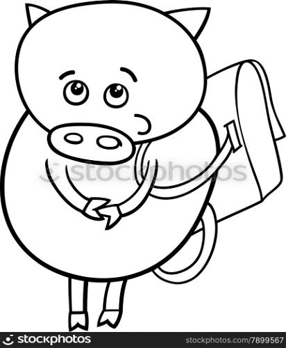 Black and White Cartoon Illustration of Funny Pig Animal Character Going to School with Satchel for Coloring Book