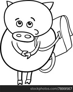 Black and White Cartoon Illustration of Funny Pig Animal Character Going to School with Satchel for Coloring Book