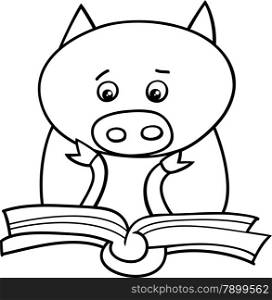 Black and White Cartoon Illustration of Funny Pig Animal Character Learning and Reading a Book for Coloring Book