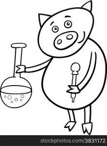 Black and White Cartoon Illustration of Funny Pig Animal Character on Chemistry Lesson with Vial for Coloring Book
