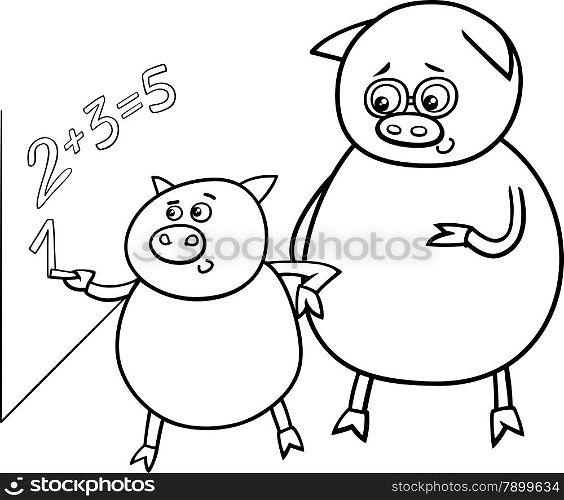 Black and White Cartoon Illustration of Funny Pig Animal Character on Math Lesson at Blackboard for Coloring Book