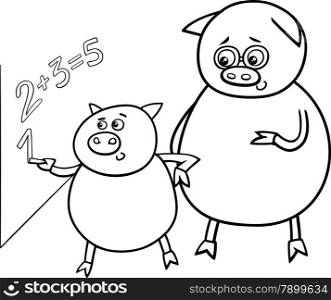 Black and White Cartoon Illustration of Funny Pig Animal Character on Math Lesson at Blackboard for Coloring Book