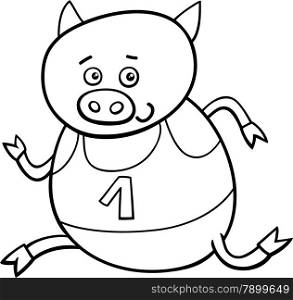 Black and White Cartoon Illustration of Funny Pig Animal Character Running on Physical Education Lesson for Coloring Book