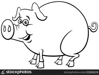 Black and white cartoon illustration of funny pig farm animal character coloring book page