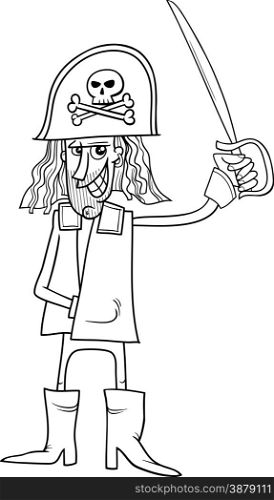 Black and White Cartoon Illustration of Funny Pirate Captain with Sword and Jolly Roger Sign for Coloring Book