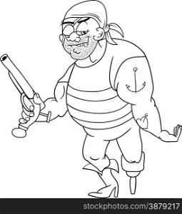 Black and White Cartoon Illustration of Funny Pirate Officer with Peg Leg and Gun for Coloring Book