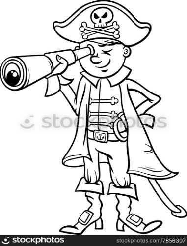 Black and White Cartoon Illustration of Funny Pirate or Corsair Captain Boy with Spyglass and Jolly Roger Sign for Coloring Book