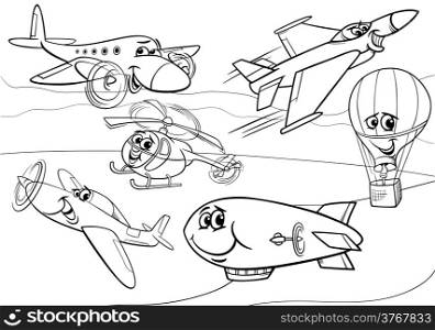 Black and White Cartoon Illustration of Funny Planes and Aircraft Characters Group for Coloring Book