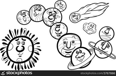 Black and White Cartoon Illustration of Funny Planets of Solar System Space Mascot Characters Group for Coloring Book