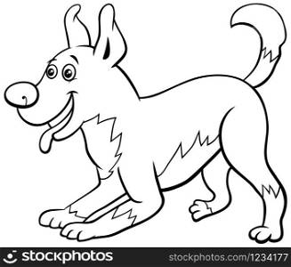 Black and White Cartoon Illustration of Funny Playful Dog Comic Animal Character Coloring Book Page