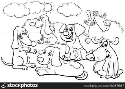 Black and White Cartoon Illustration of Funny Playful Dogs and Puppies Pet Animal Characters Group Coloring Book Page