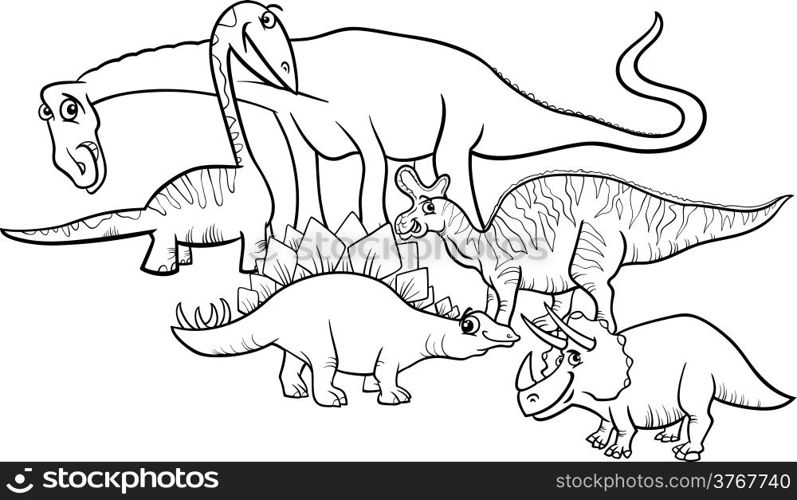 Black and White Cartoon Illustration of Funny Prehistoric Dinosaurs Characters Group for Coloring Book