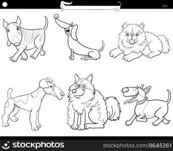 Black and white cartoon illustration of funny purebred dogs comic animal characters set coloring page