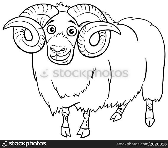 Black and White Cartoon Illustration of Funny Ram Farm Animal Character Coloring Book Page