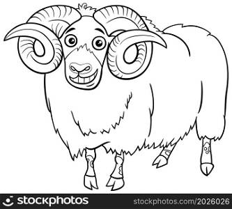 Black and White Cartoon Illustration of Funny Ram Farm Animal Character Coloring Book Page