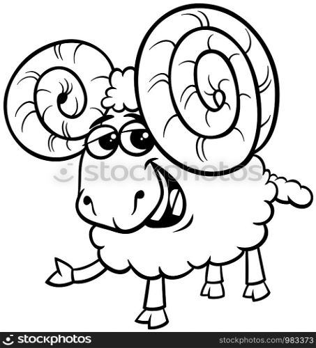 Black and White Cartoon Illustration of Funny Ram Sheep Farm Animal Character Coloring Book Page