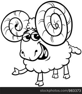 Black and White Cartoon Illustration of Funny Ram Sheep Farm Animal Character Coloring Book Page