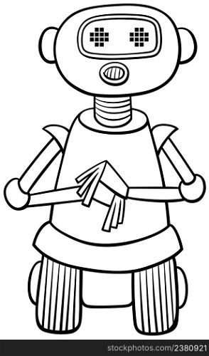 Black and white cartoon illustration of funny red robot or droid fantasy character coloring book page