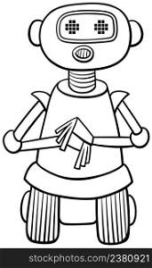Black and white cartoon illustration of funny red robot or droid fantasy character coloring book page