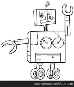 Black and white cartoon illustration of funny robot comic fantasy character coloring book page