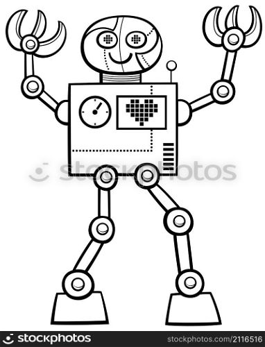 Black and white cartoon illustration of funny robot comic fantasy character coloring book page