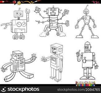 Black and white cartoon illustration of funny robots characters set coloring book page