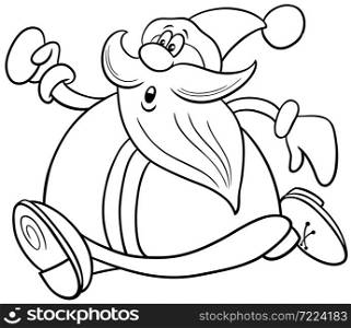 Black and white cartoon illustration of funny running Santa Claus character on Christmas time coloring book page