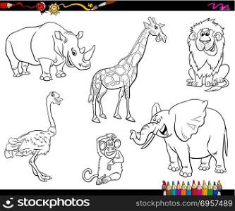 Black and White Cartoon Illustration of Funny Safari Animal Characters Set Coloring Book. safari cartoon animal characters coloring book