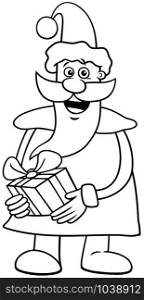 Black and White Cartoon Illustration of Funny Santa Claus Character on Christmas Time with Present Coloring Book Page
