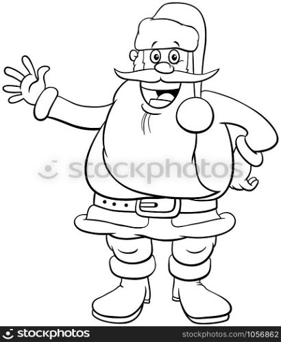 Black and White Cartoon Illustration of Funny Santa Claus Character on Christmas Holiday Time Coloring Book Page