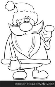 Black and white cartoon illustration of funny Santa Claus character on Christmas time coloring book page