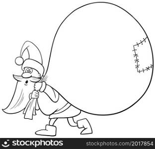 Black and white cartoon illustration of funny Santa Claus character with huge sack of Christmas present coloring book page